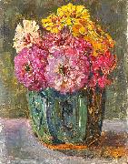 Floris Verster Stillife with zinnias in a ginger pot. oil painting